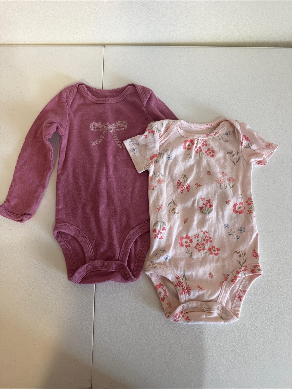 Carter's Girls' Long Sleeve Mauve Bow & Short Sleeve Light Pink Floral Bodysuits